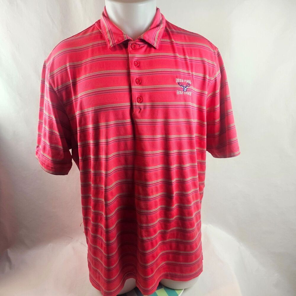 Under Armour Shirt Mens Large Pink Polo Golf Striped HeatGear Deer Pass Logo
